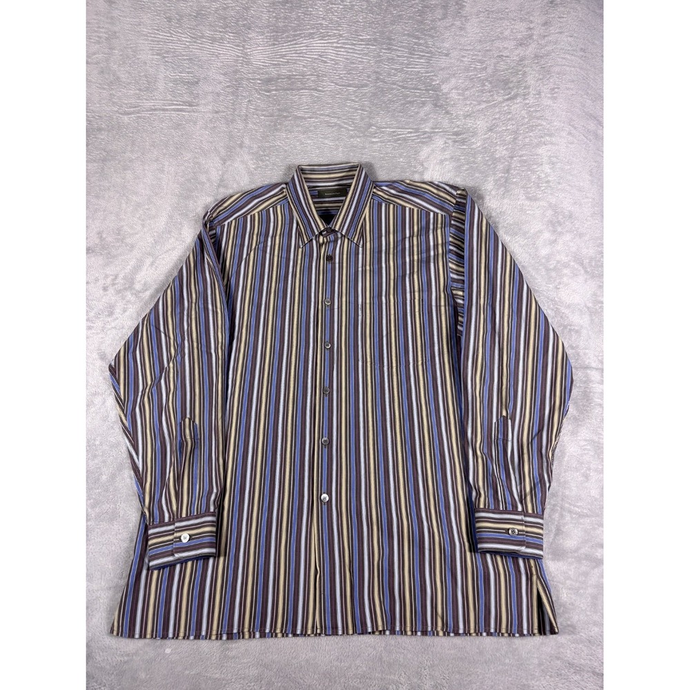 Ermenegildo Zegna Dress Shirt Mens XL Long Sleeve Striped Brown Blue Button